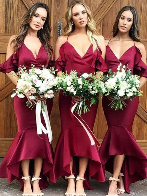 Women's Clothing For Everyday Wear Vintage Elegance Trumpet/Mermaid  Woven Satin Ruffles Spaghetti Straps Sleeveless Asymmetrical Bridesmaid Dresses