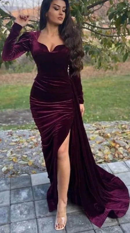 Women's Relaxed Clothes Dreamy Draping Elegant Velvet V-neck Long Sleeves Side-slit Mermaid Long Train Prom Dress Y5517