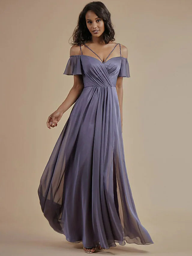 Women's Night-Out Clothes Anniversary Sale A-Line Bridesmaid Dress Spaghetti Strap Short Sleeve Open Back Floor Length Chiffon with Beading  Split Front