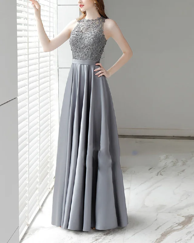 Affordable Women's Garments Chic Urban Fashion Look Tank Boat Neck Gray Prom Dresses Long Satin with Lace Beading PL874