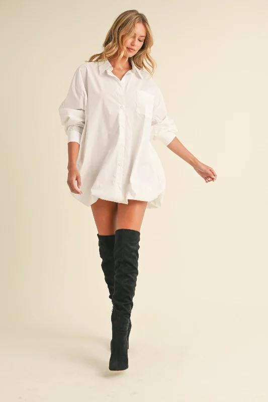 Women's Trendy Outfit Luxe Layering Risky Business White Bubble Hem Shirt Dress