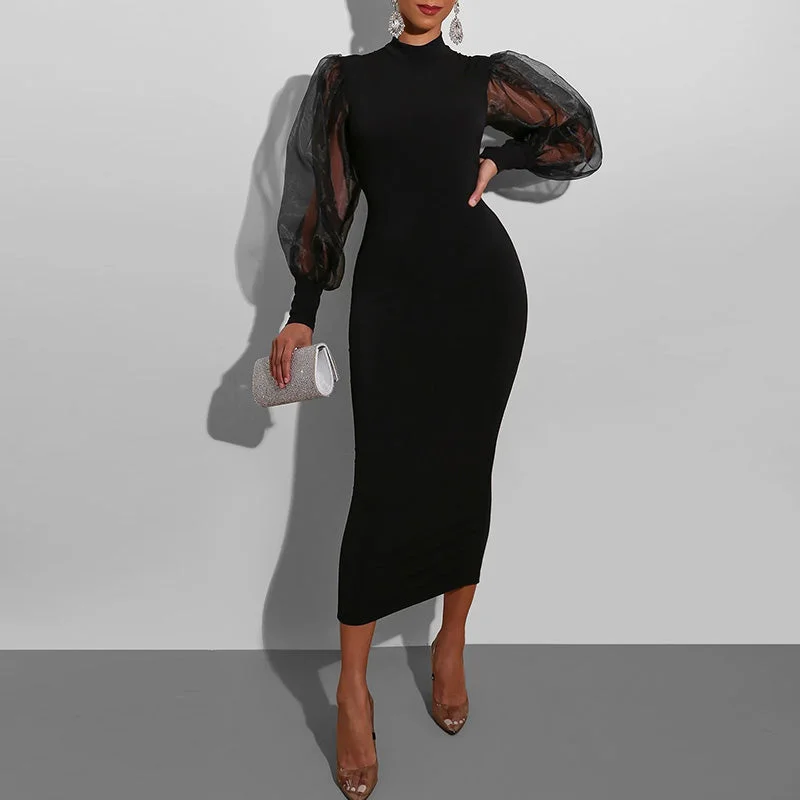 Women's Clothes For Work Mid - Season Sale Julia Fashion - Mesh Puff Long Sleeve Bodycon Midi Dress