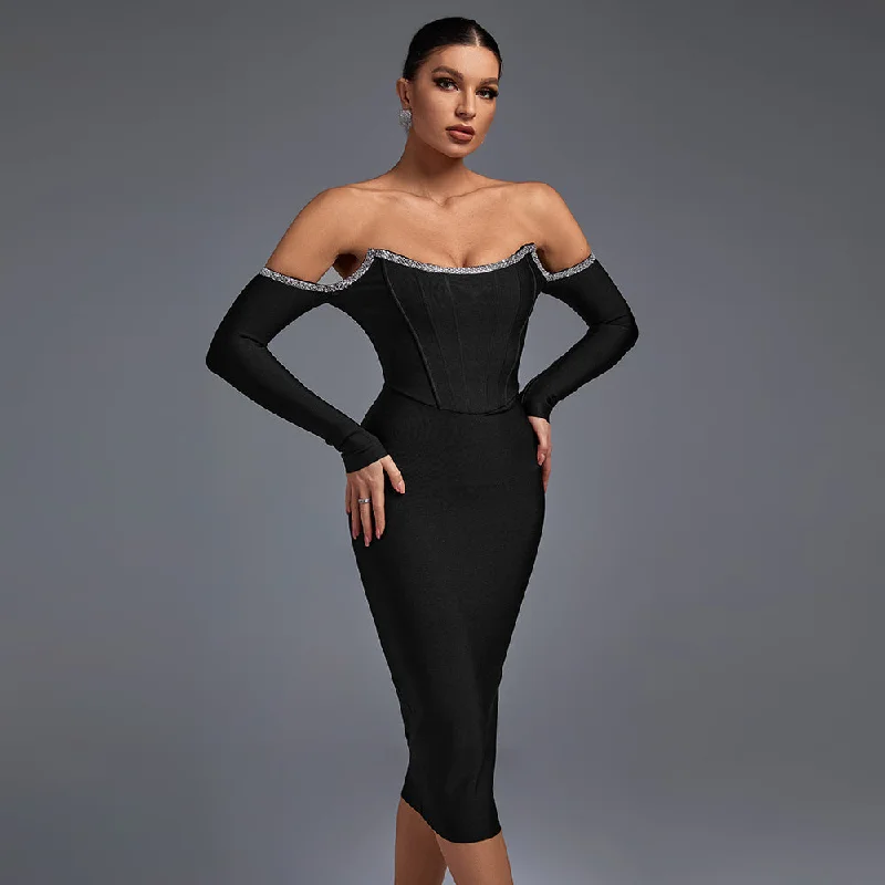 Casual Clothes For Women Charming Silhouette Black Off Shoulder Long Sleeve Rhinestone Midi Bandage Dress PP21120601