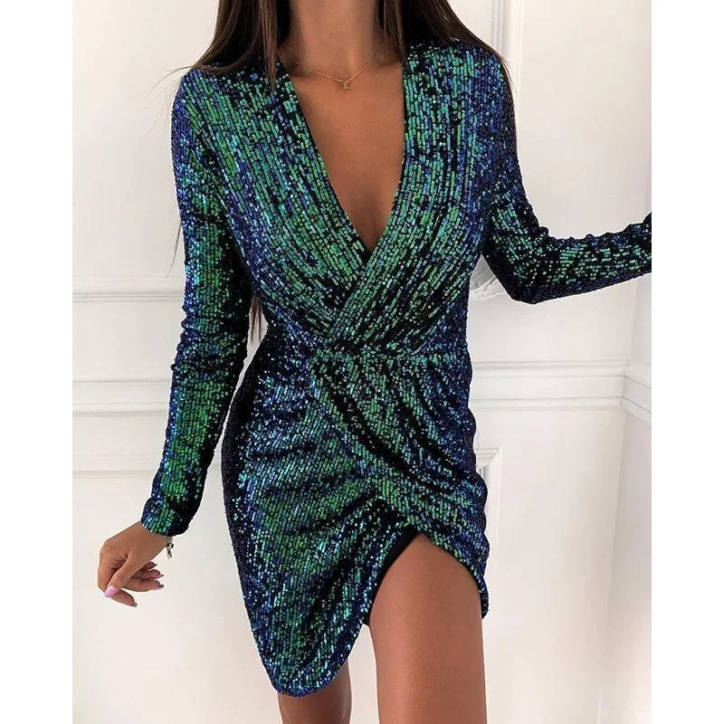 Plus-Size Women's Garments Graceful Movement FashionSierra - Women Long Sleeve V-neck Mini Party Dress Sequin Sexy Vestidos