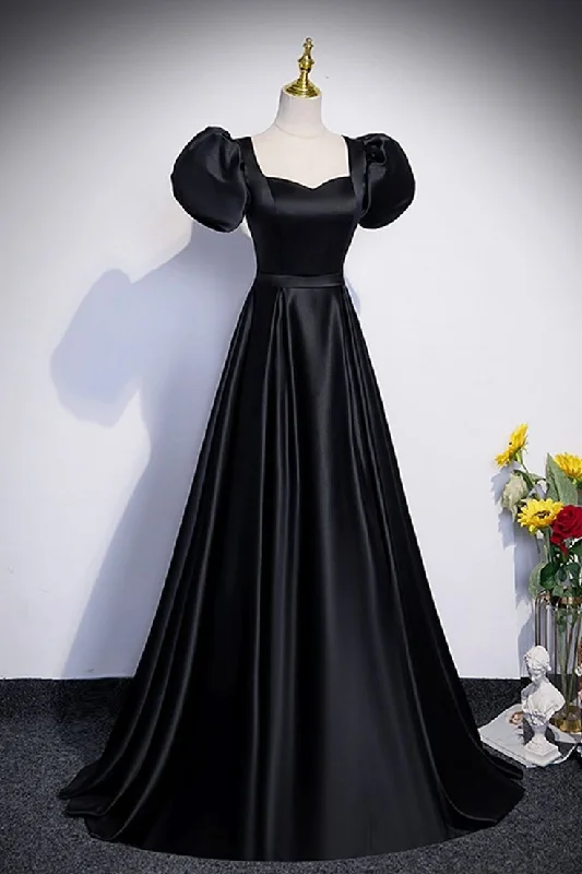 Women's Vintage-Inspired Clothing Sophisticated Cut Black Satin Floor Length Prom Dress, Simple Black Short Sleeve Evening Dress     cg25039