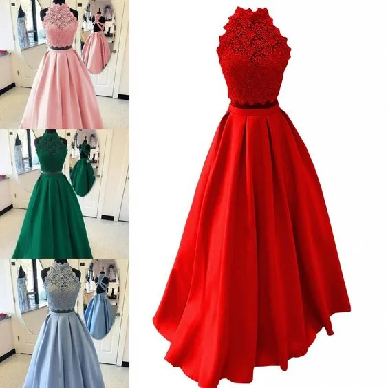 Women's Clothing And Garments Sets Disco - Inspired Retro Dance Look 2021 Halter Lace Satin Prom Dresses Long Two Piece Sexy Halter Criss Cross Backless Draped A-line Graduation Sweet 15 Dress Cheap    cg19244