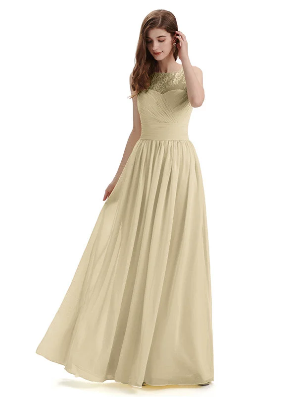 Fashionable Women's Casual Apparel Summer Splash Sale A-Line Round Neck Lace Pleats Floor Length Bridesmaid Dresses