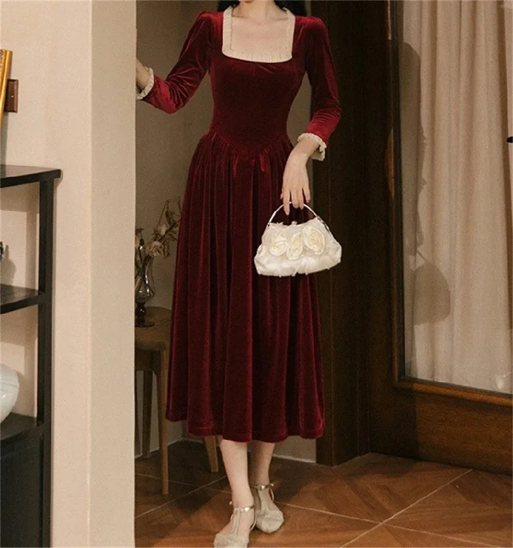 Women's Urban Clothing Anniversary Sale Square Neck Velvet Dress,French Vintage Red Dress,Autumn Winter Long Sleeve Dress,Prom Dress,Fairy Dress Y4715