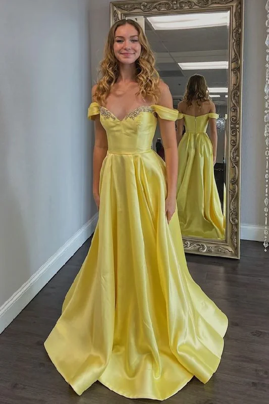 Women's Plus-Size Garments Score Big on Glamorous Red - Carpet Styles elegant off the shoulder yellow satin long formal dress with pockets inside prom dress 2022   cg21667