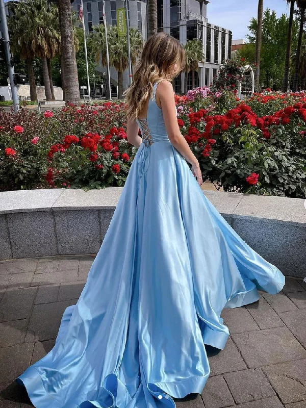 Women's Seasonal Garments Ethnic Cultural Event Wear BLUE SATIN LONG PROM DRESS BLUE SATIN EVENING DRESS    cg21977