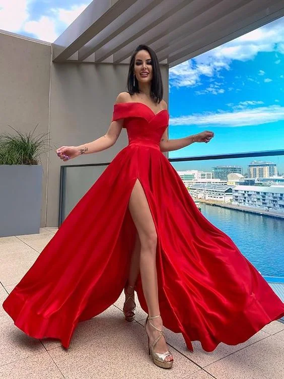 Women's Transitional Outfit Great Deals on Ethnic Cultural Wear Red A-Line Sleeveless Off-the-Shoulder Satin Ruffles Sweep Train prom dress     cg23477