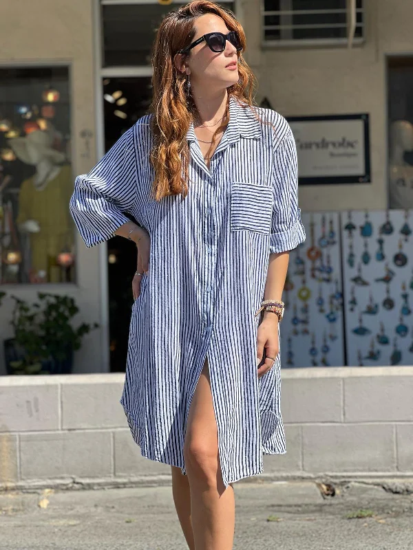 Women's Stylish Casual Garments Vintage Elegance Navy Blue Striped Shirt Dress