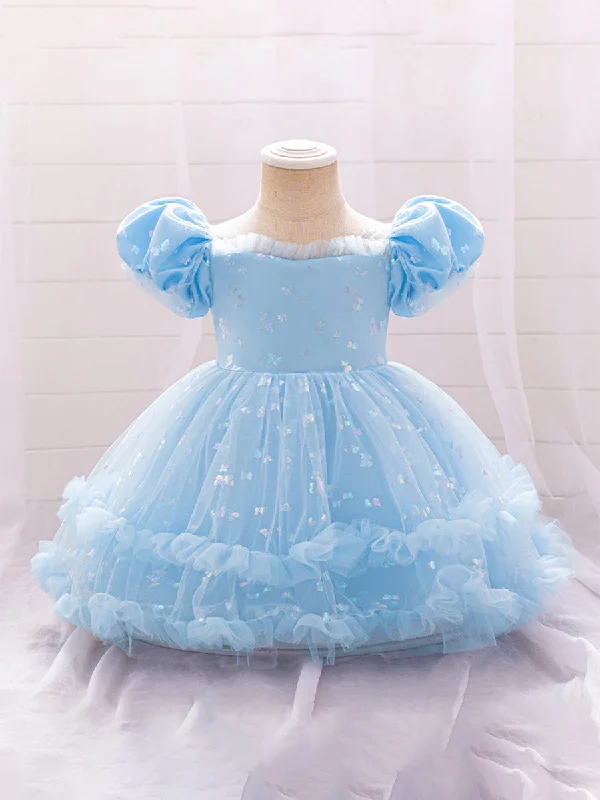 Fashion-Forward Women's Clothing Minimalist Office - Ready Style Ball Gown Scoop Puff Sleeves Tiered Flower Girl Dresses