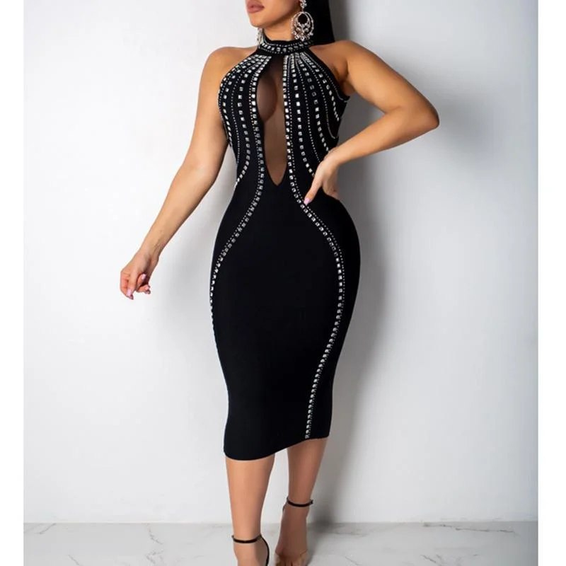 Women's High-Fashion Outfit Limited - Stock FashionSierra - Women Party Dress Sleeveless Backless Diamonds Rhinestone Dresses Black See Through Mesh Bodycon Dress Femme Vestidos