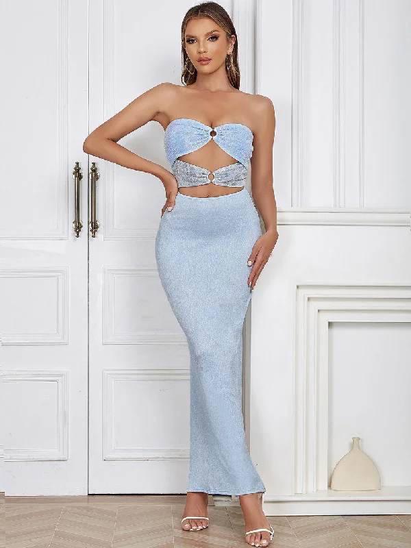 Women's Trendy Casual Outfit Buy More, Save More Strapless Sleeveless Cut Out Maxi Bodycon Dress HB0198