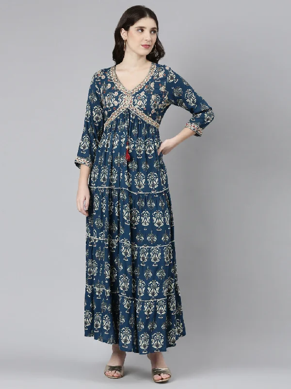 Women's Effortless Casual Outfit Flowy Fabric Neeru's Blue Straight Casual Printed Gown