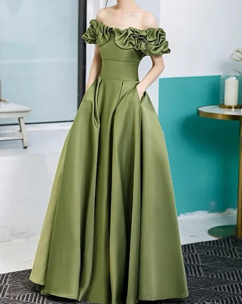 Women's Sporty Chic Clothes Elevated Style A-Line Princess Moss Green Satin Bridesmaid Dresses Evening Dresses With Pockets