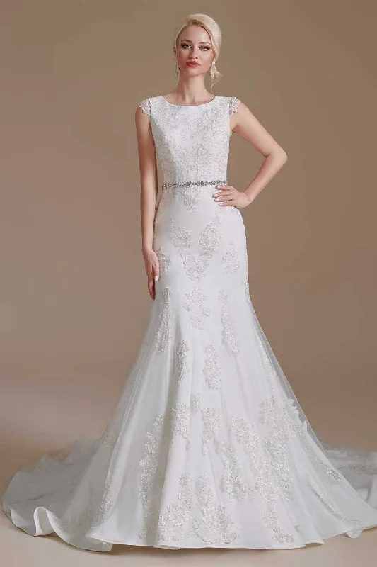 Women's Fashion-Forward Apparel Luxe Layering White Lace Cap Sleeve Sheer Back Mermaid Wedding Dress