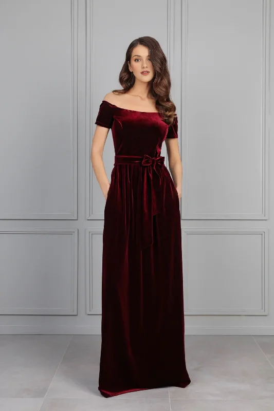 Women's Evening Clothes Last Chance Sale Burgundy Velvet Bridesmaid Dress Off The Shoulder Wedding Guest Dress Evening Dress