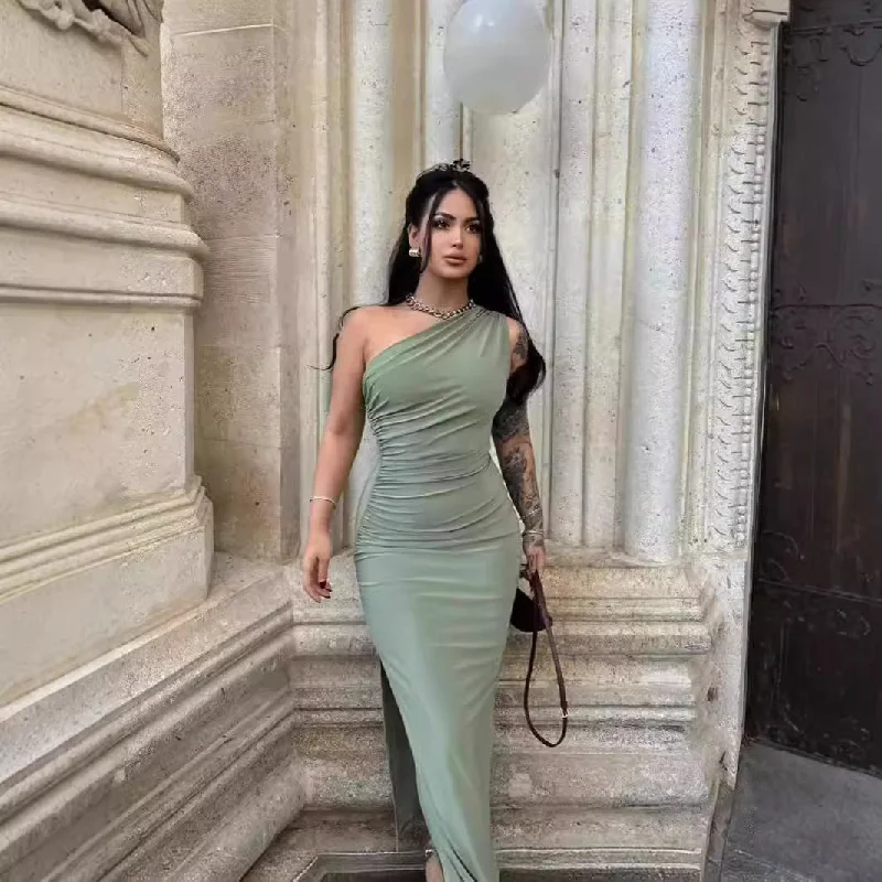 Vintage-Inspired Women's Apparel Everyday Glamour IKEARLAX 2025 AC022 Popular and  popular summer new women's clothing solid color single shoulder sleeveless pleated slit temperament dress dress