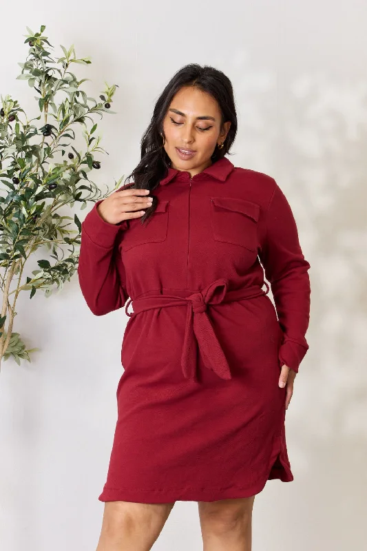 Women's Tops And Clothing Big Savings on Rustic Countryside Styles Full Size Tie Front Half Zip Long Sleeve Shirt Dress