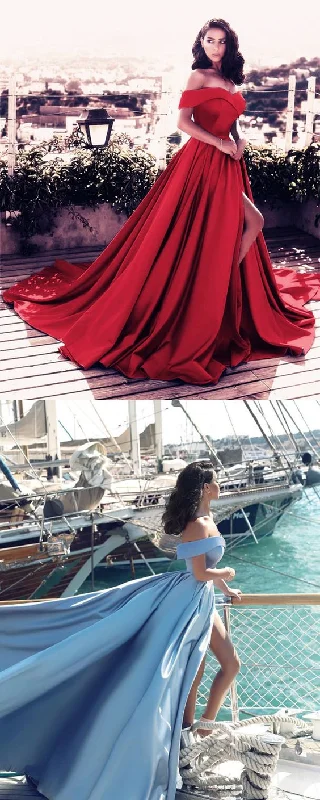 Women's Office Attire Minimalist Chic Sexy V-neck Off Shoulder Prom Dresses Long Red Satin Evening Gowns    cg21603