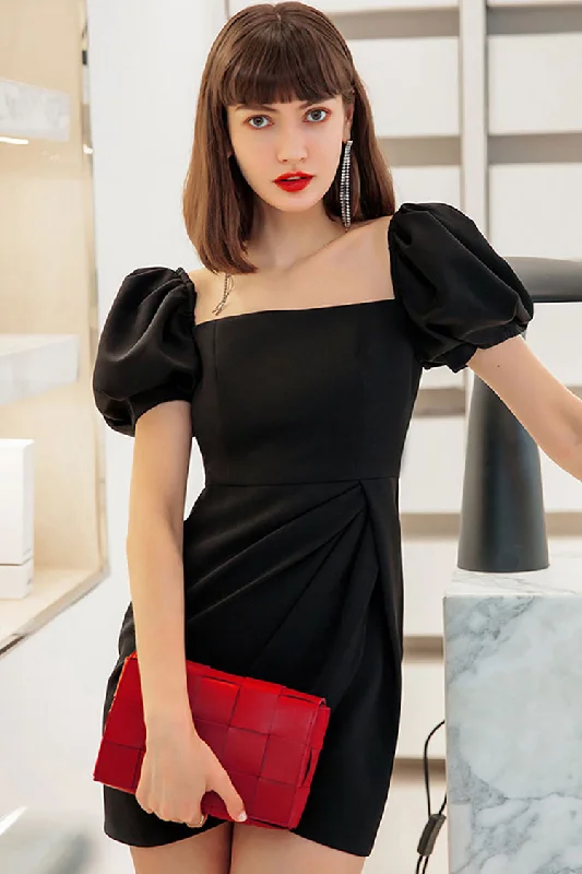 Women's Elegant Garments Boho - Chic Festival - Ready Style Silky Satin Square Neck Puff Sleeve Pleated Trim Party Mini Dress - Black