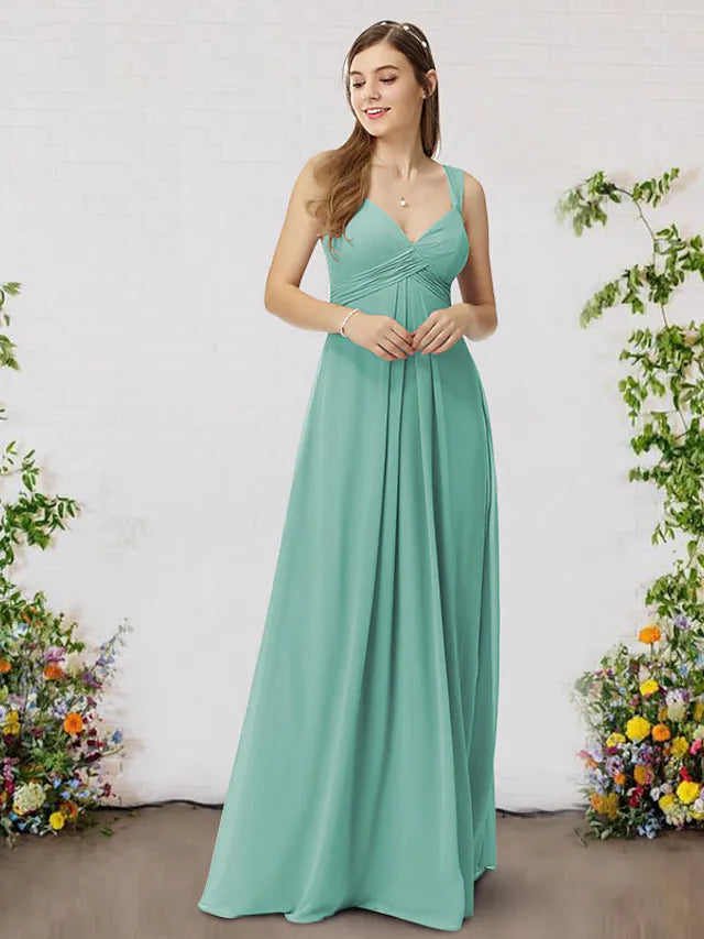 Women's Office Clothing Weekend Special A-Line Bridesmaid Dress V Neck Sleeveless Elegant Floor Length Chiffon with Pleats