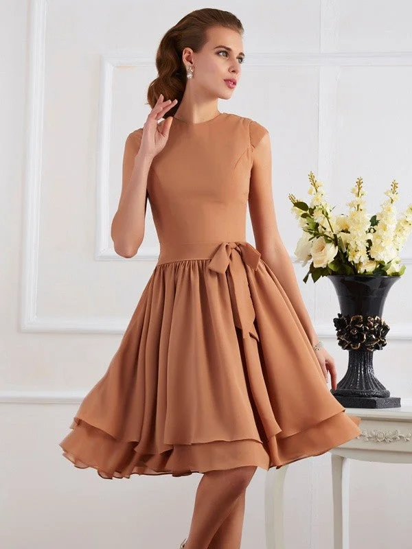 Stylish Women's Clothing Feminine Soft - Hued Look Sheath/Column High Neck Sleeveless Sash/Ribbon/Belt Short Chiffon Bridesmaid Dresses