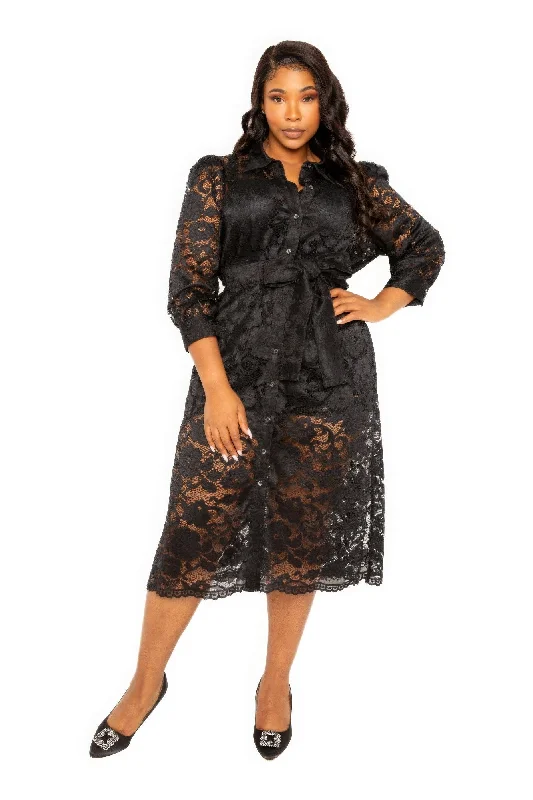 Women's Night-Out Outfit Graceful Movement Belted Lace Shirt Dress