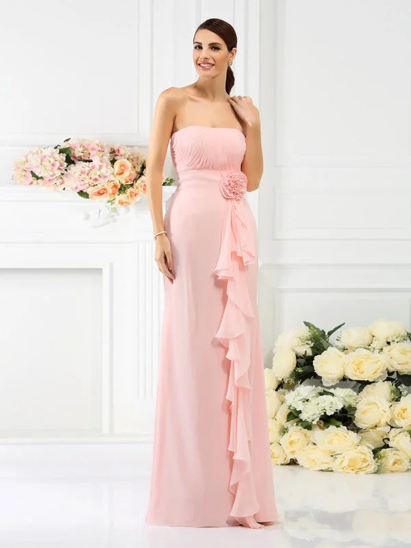 Stylish Outerwear Clothes For Women Feminine Grace Sheath/Column Strapless Hand-Made Flower Sleeveless Long Chiffon Bridesmaid Dresses