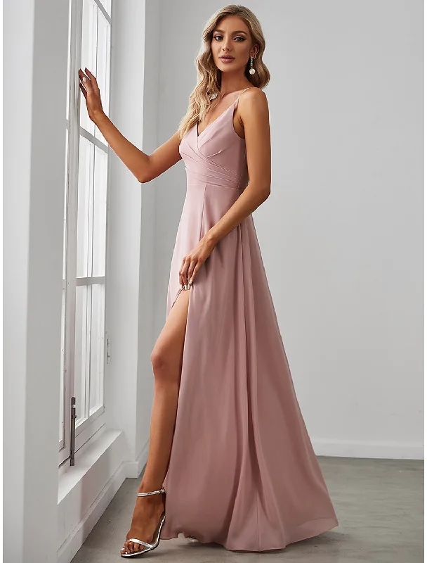 Women's Occasion Wear Clothing Limited Quantities A-Line Bridesmaid Dress V Neck Sleeveless Elegant Floor Length Chiffon with Draping / Solid Color