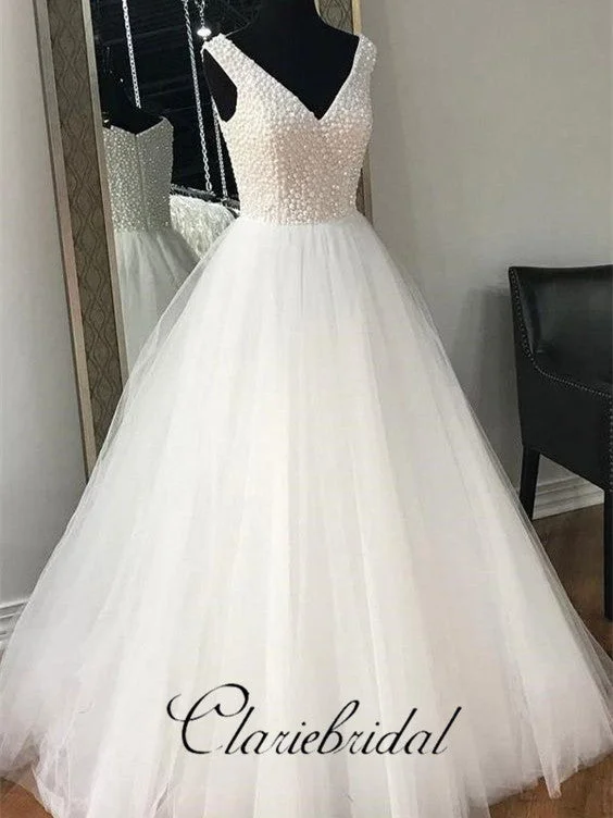 Elegant Women's Attire Today Only V-neck Beaded Tulle A-line Wedding Dresses, Long Wedding Dresses