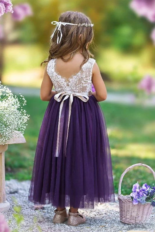 Formal Outfit For Women Y2K Nostalgic Fashion Look Sleeveless Eggplant Purple Lace and Tulle Flower Girl Dress