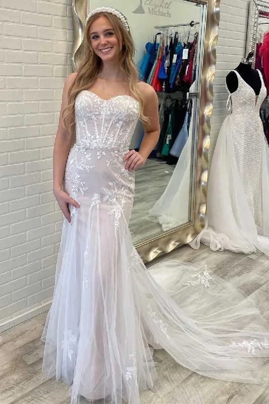 Vintage-Inspired Women's Clothes Limited - Edition Drops White Strapless Appliques Mermaid Long Wedding Dress