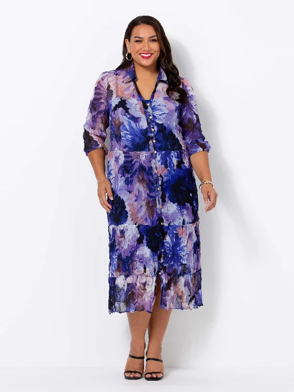 Trendy Athleisure Clothing For Women Great Prices on Feminine Styles Crushed Georgette Shirt Dress - Jacaranda Flora