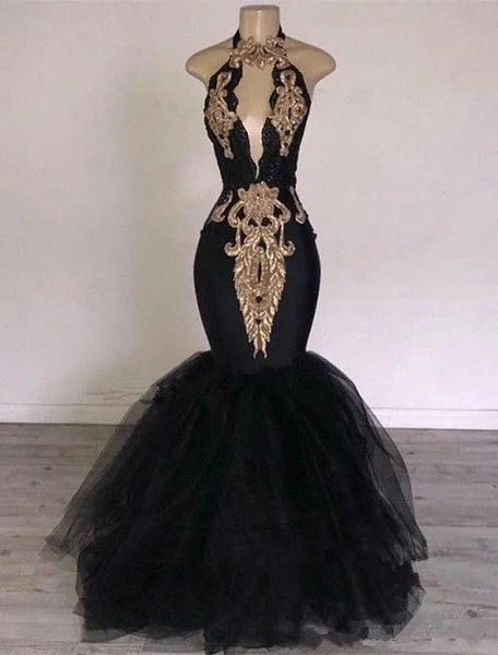 Formal Garments For Women Mid - Week Surprise Sexy Black Halter Mermaid Long Prom Dresses 2019 Keyhole Lace Gold Shiny Applique Beaded Floor Length Evening Party Gowns cg3924