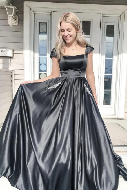 Women's Stylish Vacation Attire Lightweight Fabric Black satin long A line prom dress evening dress    cg22275