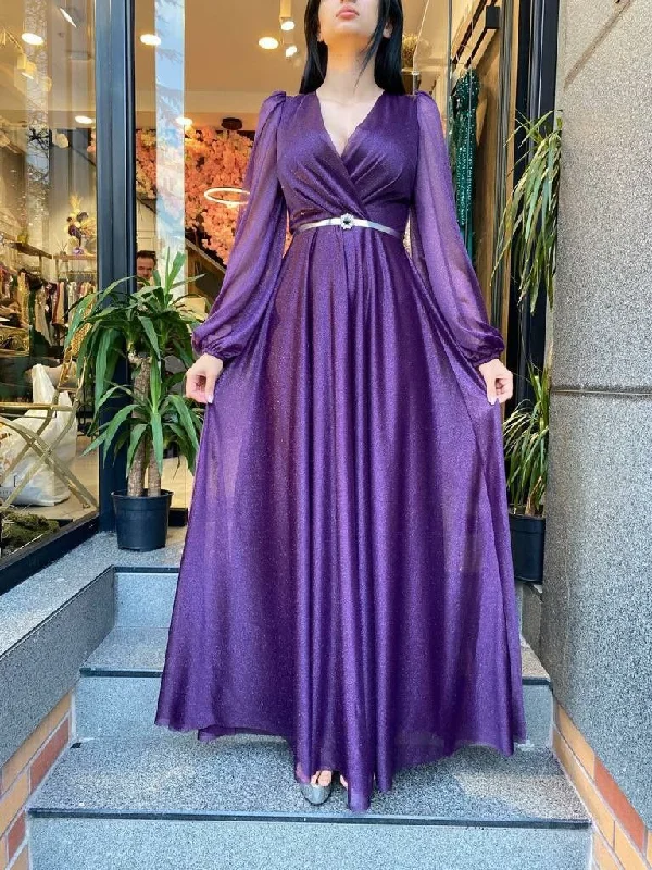 Women's Trendy Clothing Mid - Season Sale Elegant A Line V Neck Long Sleeve Purple Prom Dresses Y4977